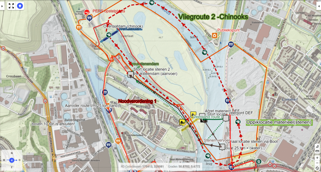 Screenshot van de samenwerkomgeving in het LCMS, met daarin informatie van de verschillende disciplines: wegafzettingen, vliegroutes en het getroffen gebied in Maastricht