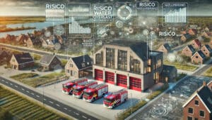 Kazerne met brandweerauto's en mogelijke risico's voor samenleving in tekst in beeld. Afbeelding gemaakt met AI.