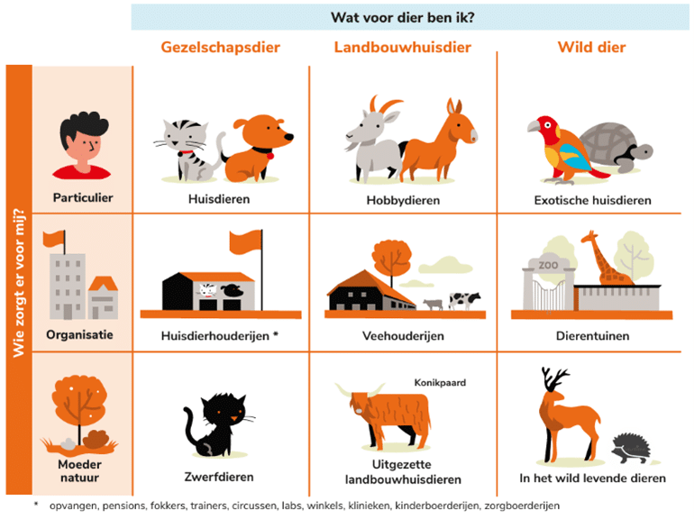 Schematisch overzicht wie verantwoordelijk is voor dierenhulp.