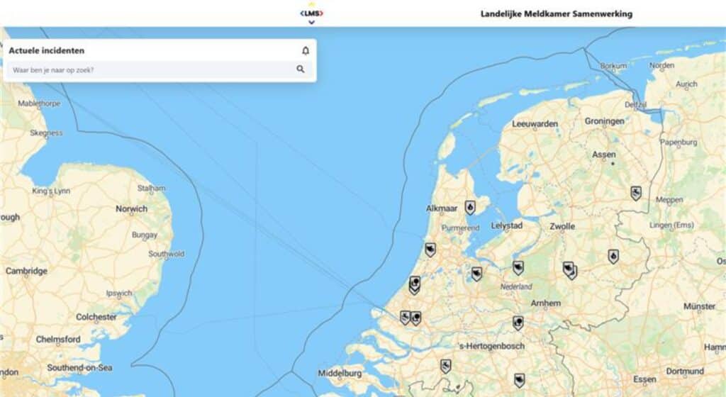 kaart van meldkamers in het systeem LMS.