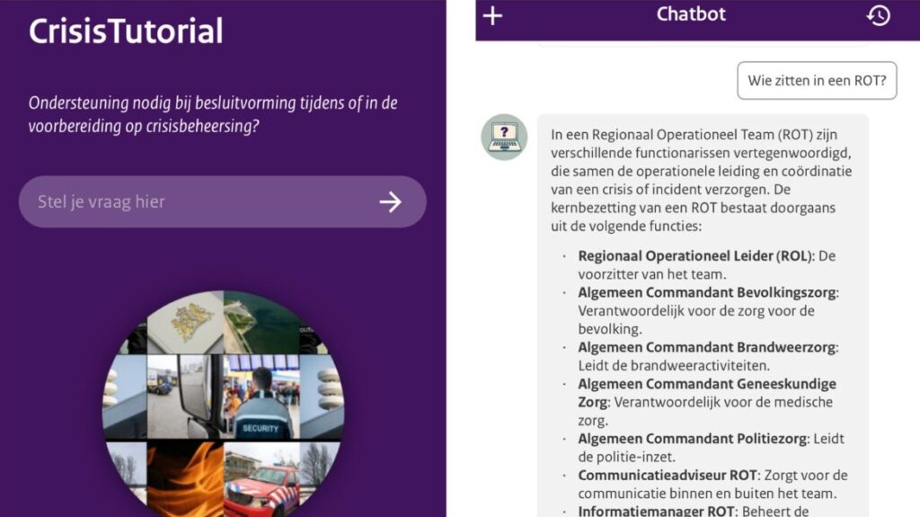 Voorbeeld van de Crisis tutorial app met rechts de een vraag aan de chatbot en daaronder een antwoord.