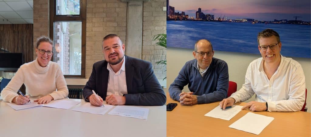 Ondertekening van het convenant voor de samenwerking tussen de drie organisaties. V.l.n.r: Coby Flier (NIPV), Emiel van Rossum (Brandpreventie Academy) Hans Bosch (SKB) en Simon de Koning (SKB). Foto: NIPV (links) en SKB (rechts). 