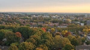 Bovenaanzicht stad, huizen en vegetatie eromheen